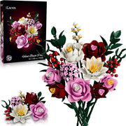 720-piece pink rose flower bouquet building set with retail box and completed floral arrangement