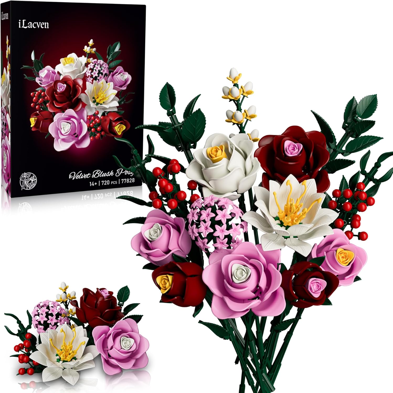 720-piece pink rose flower bouquet building set with retail box and completed floral arrangement