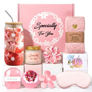 Pink self care gift box for women with floral tumbler socks candle soap and accessories