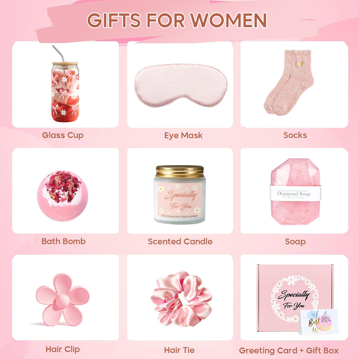 Contents of pink spa gift set including bath bomb eye mask glass cup and hair accessories