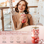 Floral glass tumbler with bamboo lid and metal straw included in gift basket