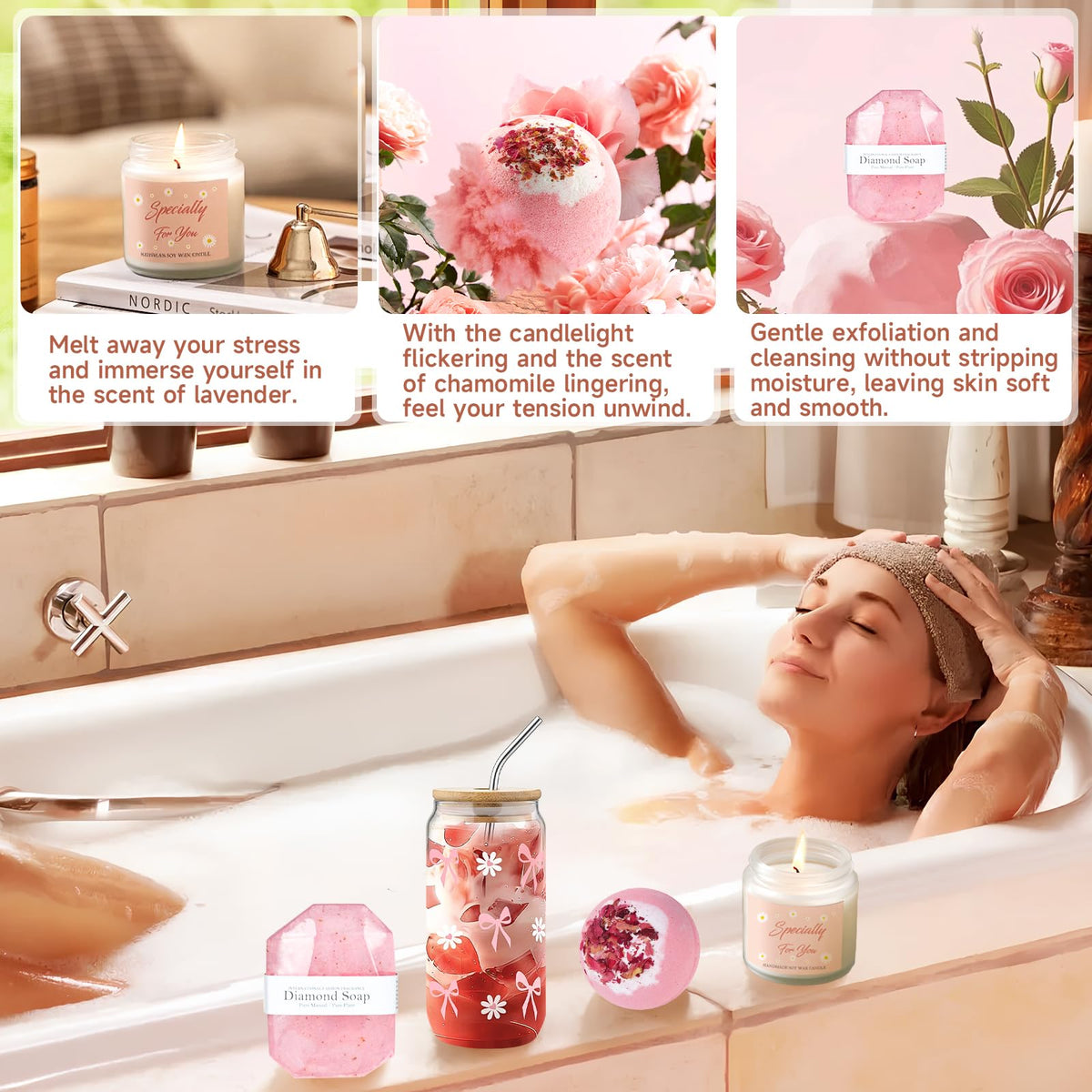 Self care bath gift set with scented candle bath bomb and soap