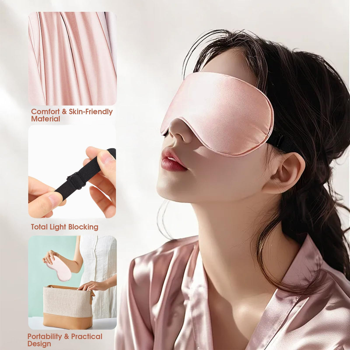 Pink satin sleep eye mask with adjustable strap
