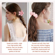 Pink flower hair clip and satin scrunchie styling examples