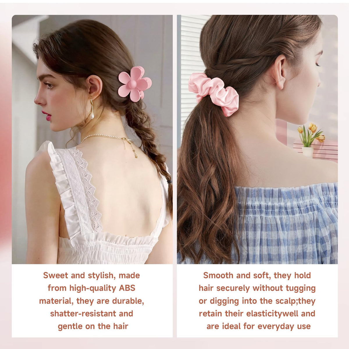 Pink flower hair clip and satin scrunchie styling examples