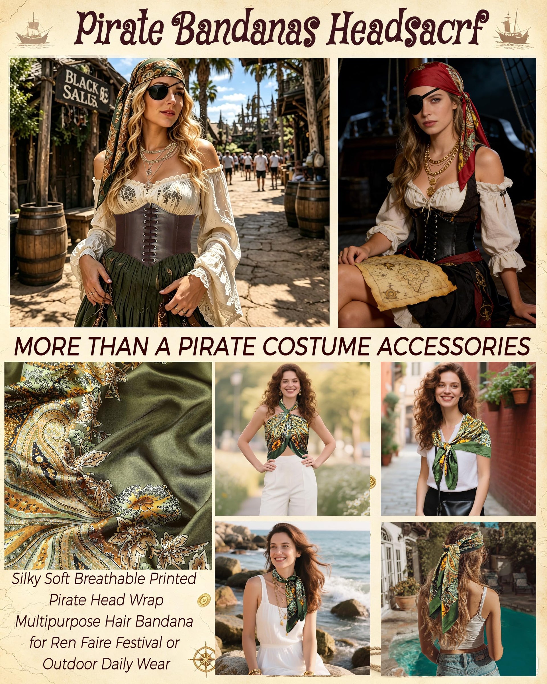Printed pirate bandana head wrap for women's pirate costume