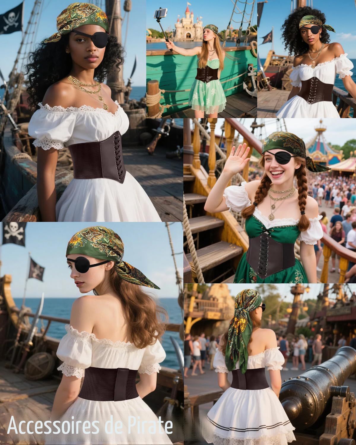 Women's pirate costume with printed head scarf corset and eye patch