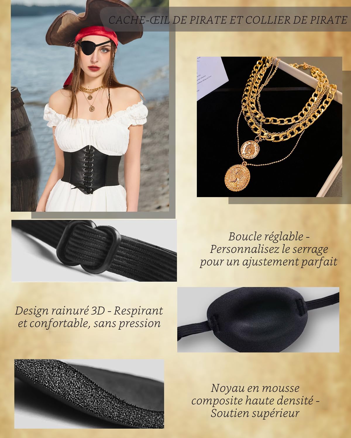 Pirate eye patch and layered gold-tone necklace costume accessories