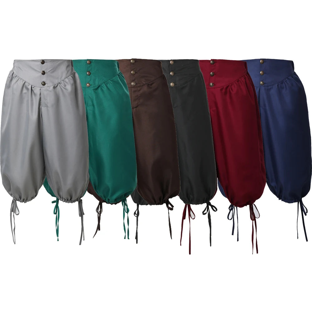 Lineup of pirate pants in various colors including gray, green, brown, black, burgundy, and navy.