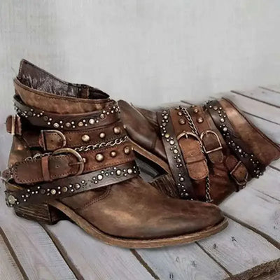 Bottines Piratecore pour femmes – Chaussures gothiques western à talon épais et boucle à rivets vintage