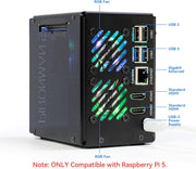Rear view showing dual HDMI, USB, Ethernet ports, and RGB ventilation of the Pironman 5-MAX.