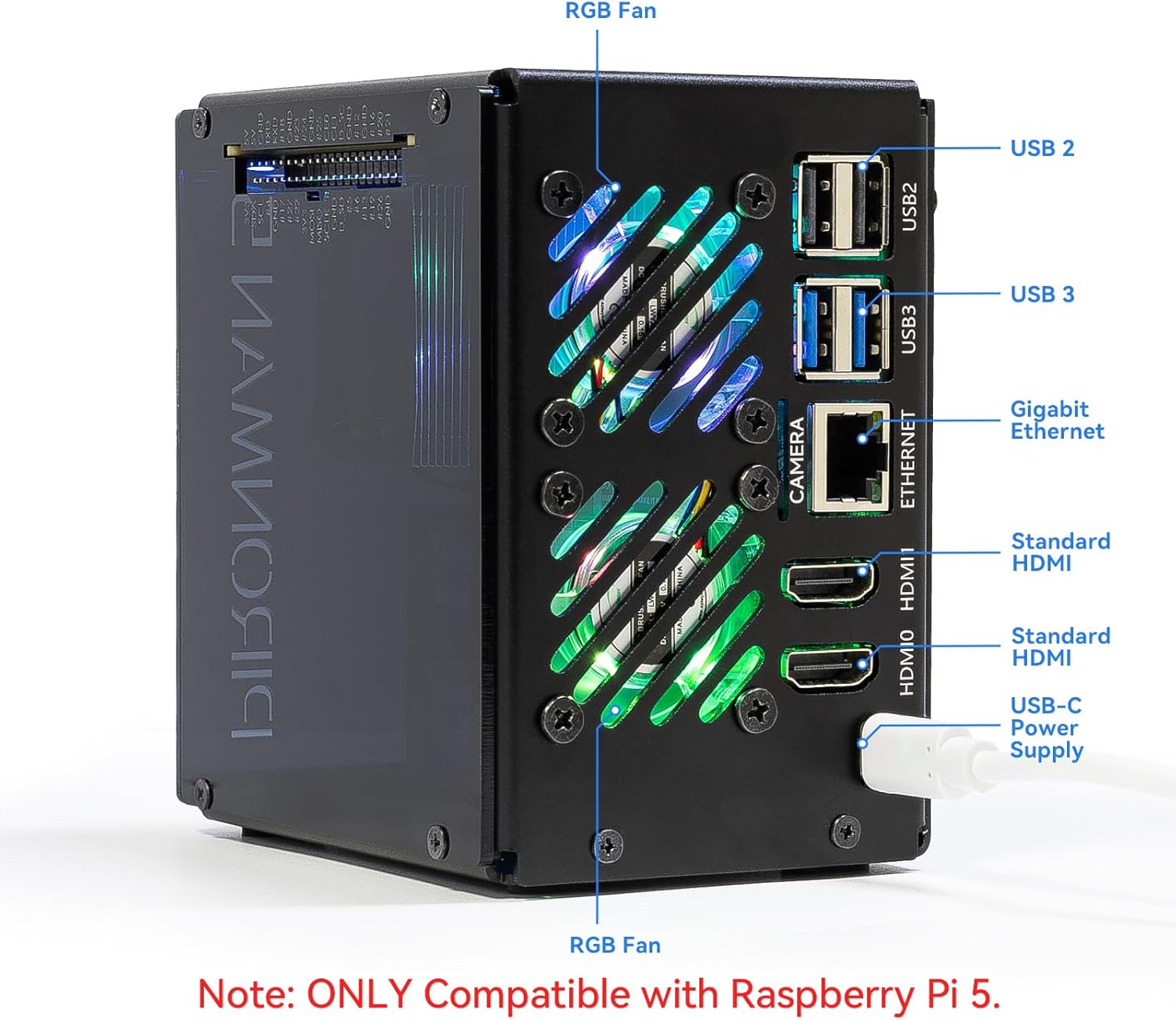 Rear view showing dual HDMI, USB, Ethernet ports, and RGB ventilation of the Pironman 5-MAX.