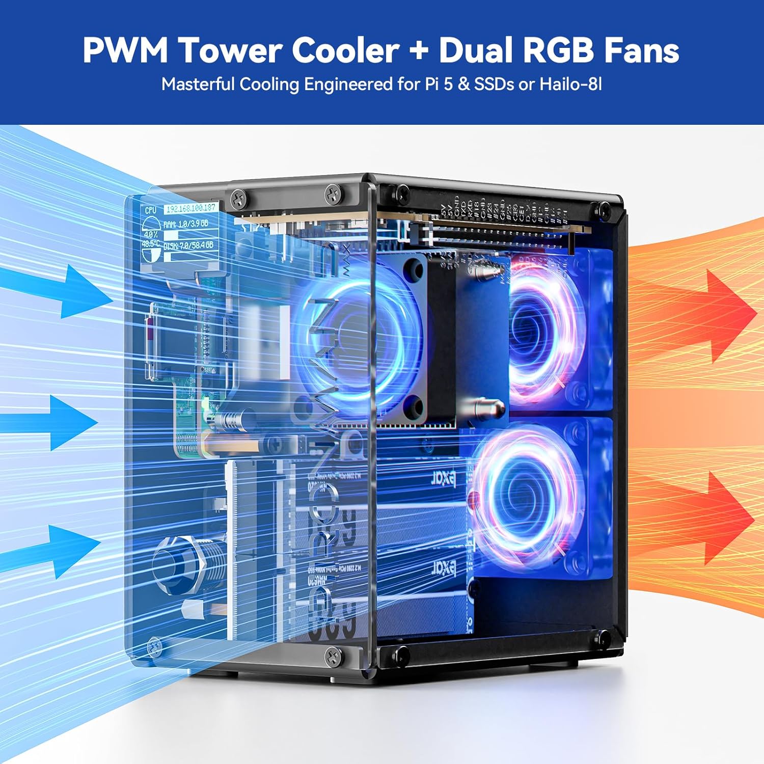 Airflow diagram showcasing dual RGB fans and tower cooler system of the Pironman 5-MAX.