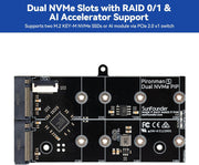 Dual NVMe PCIe board supporting RAID and AI accelerator modules for Raspberry Pi 5.