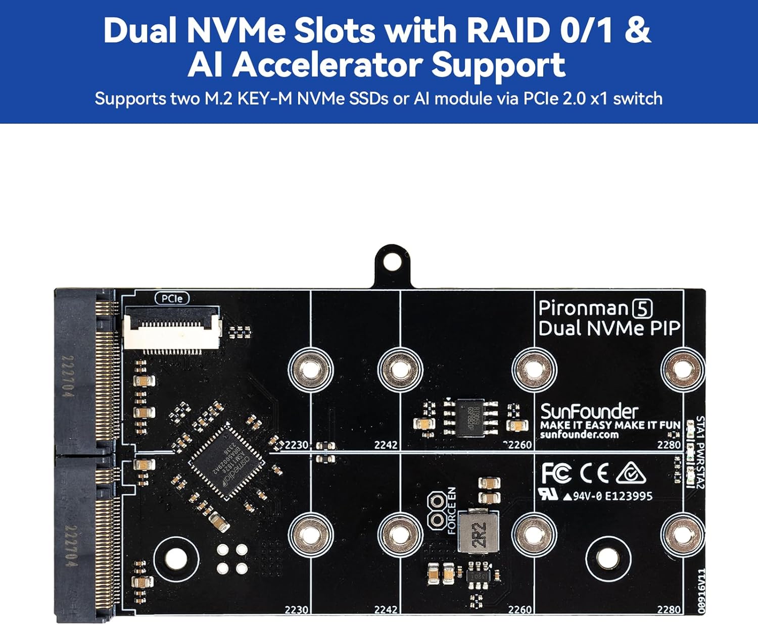 Dual NVMe PCIe board supporting RAID and AI accelerator modules for Raspberry Pi 5.