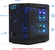 Labeled hardware diagram showing ports and cooling features of the Pironman 5-MAX case.