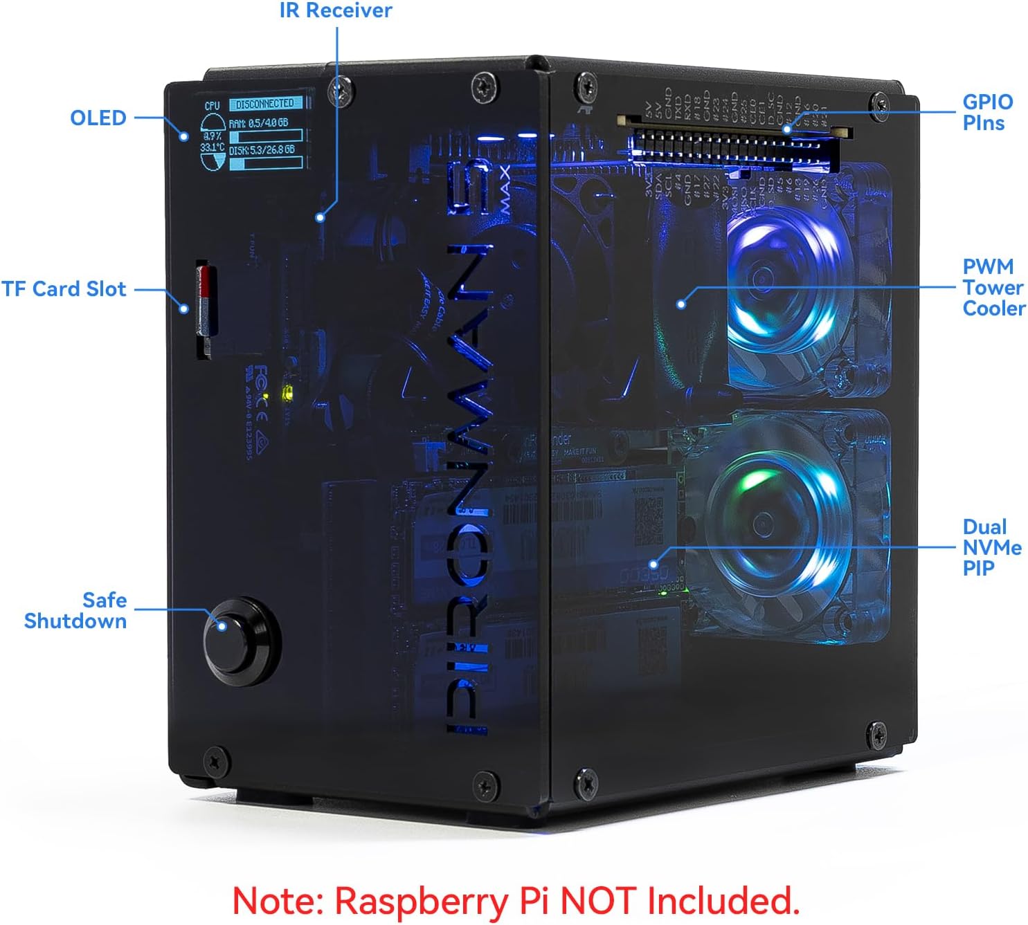 Labeled hardware diagram showing ports and cooling features of the Pironman 5-MAX case.
