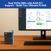 Pironman 5-MAX setup connected to monitor showing NAS dashboard interface.