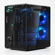 Transparent front view of Pironman 5-MAX Raspberry Pi 5 case with blue lighting and OLED screen.