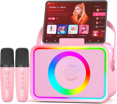 Portable Bluetooth Karaoke Machine with 2 Wireless Microphones, LED Light Show, Voice Changer, USB/TF/AUX Speaker for Kids & Adults