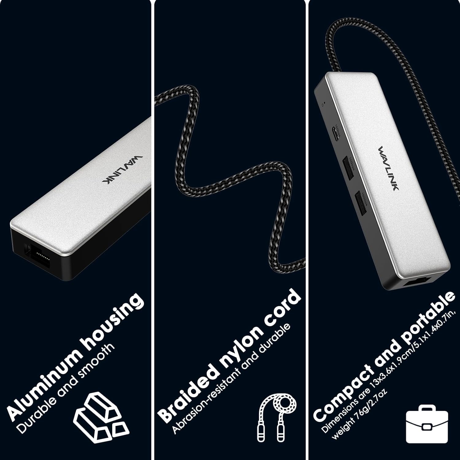 Compact size, braided cable, and aluminum body of WAVLINK USB hub