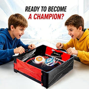 Two kids playing with a portable X battle arena and spinning tops