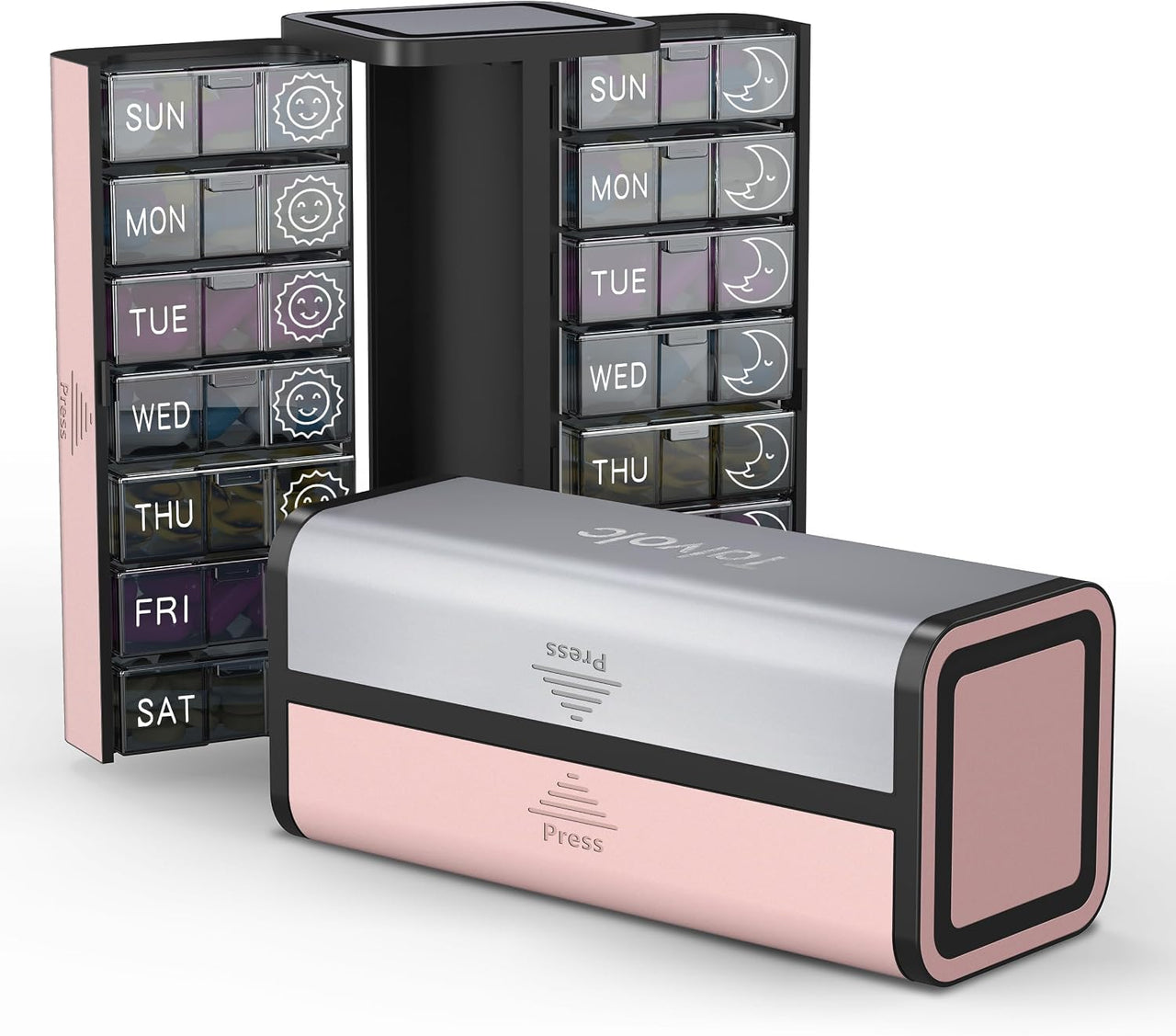 Premium 7 day AM PM weekly pill organizer travel case in silver and pink
