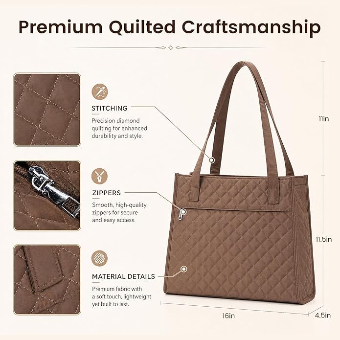 Premium quilted tote bag dimensions and craftsmanship