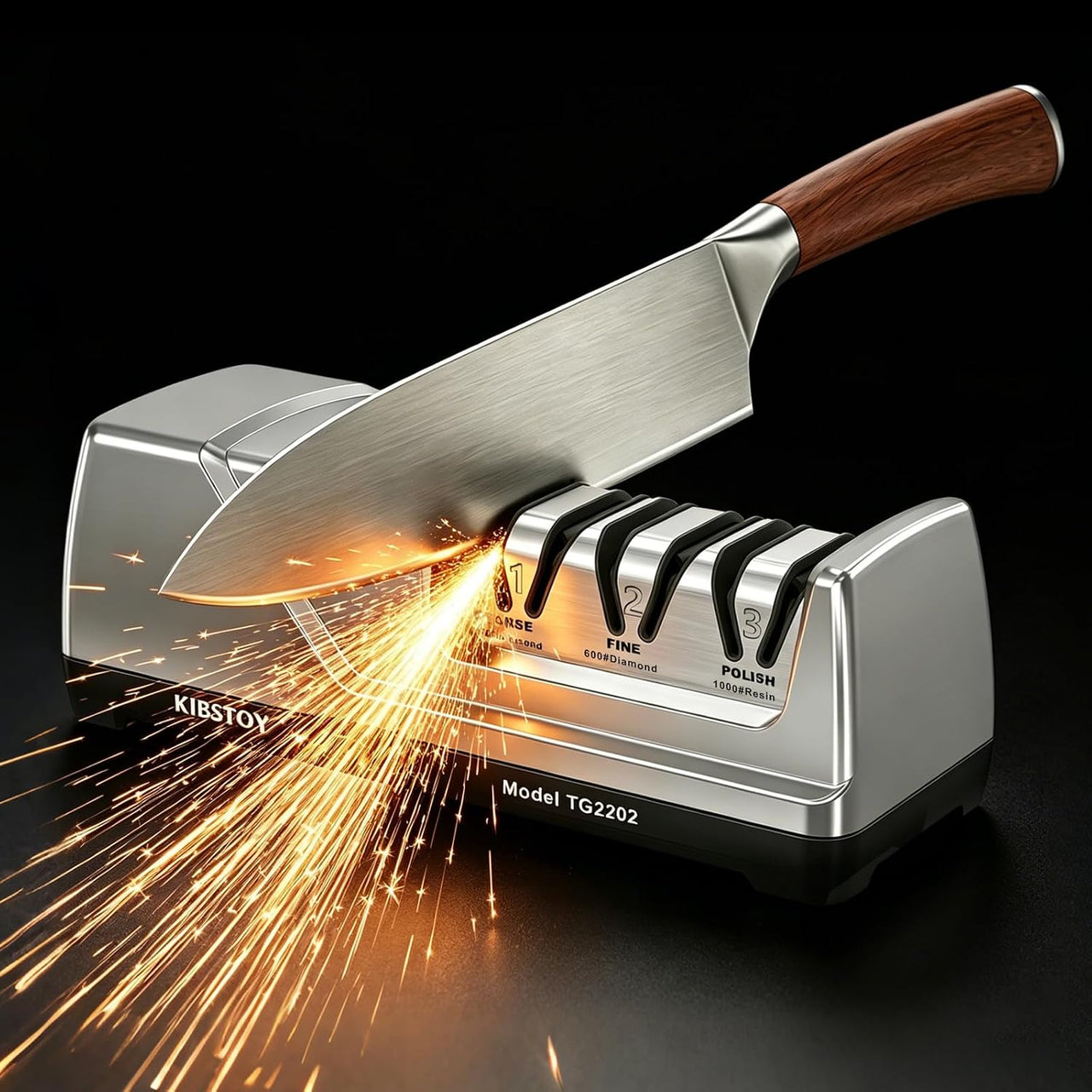Professional 3-stage electric knife sharpener with diamond abrasives sharpening a chef knife
