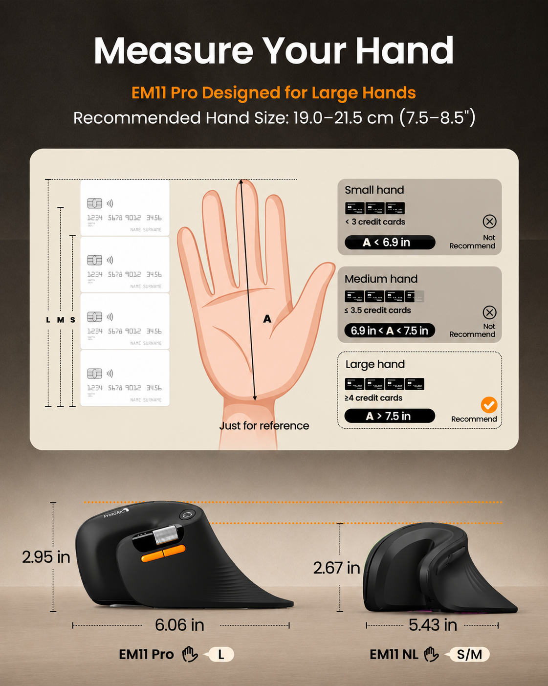 EM11 Pro black ergonomic mouse sized for large hands