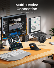 Black ProtoArc mouse in three-device Bluetooth and 2.4GHz desk setup