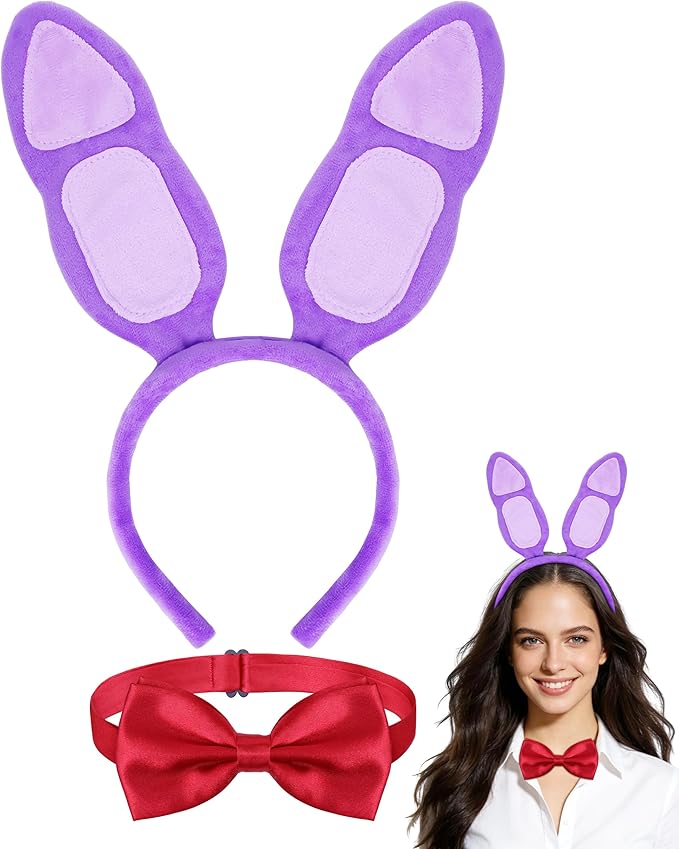 Purple bunny ears headband with red bow tie costume accessory set