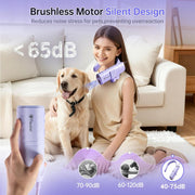 Quiet brushless pet dryer with hands-free neck design for dogs