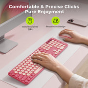 Typing setup showing silent and responsive Seenda pink keyboard and mouse