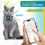 Cat wearing a GPS tracker with a hand holding a phone showing location tracking app.
