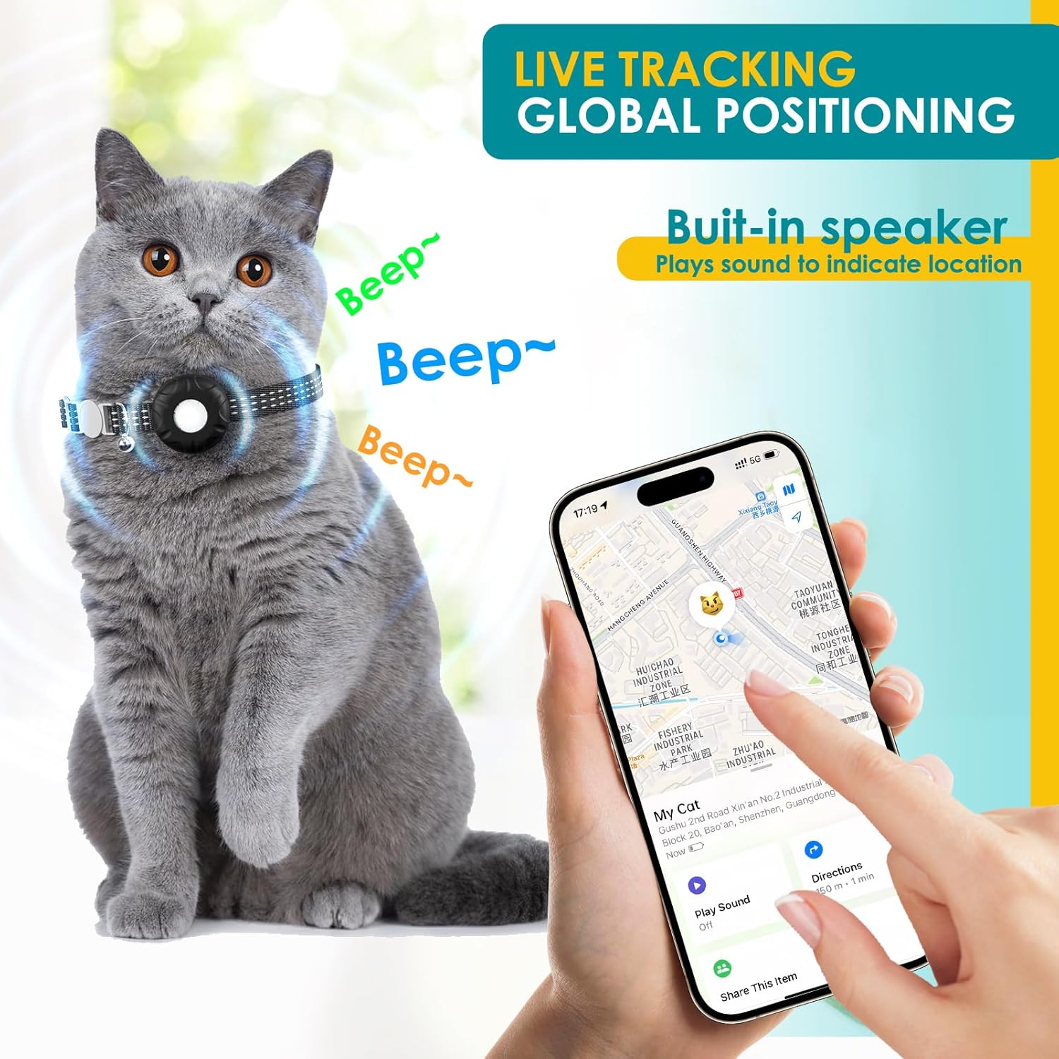 Cat wearing a GPS tracker with a hand holding a phone showing location tracking app.