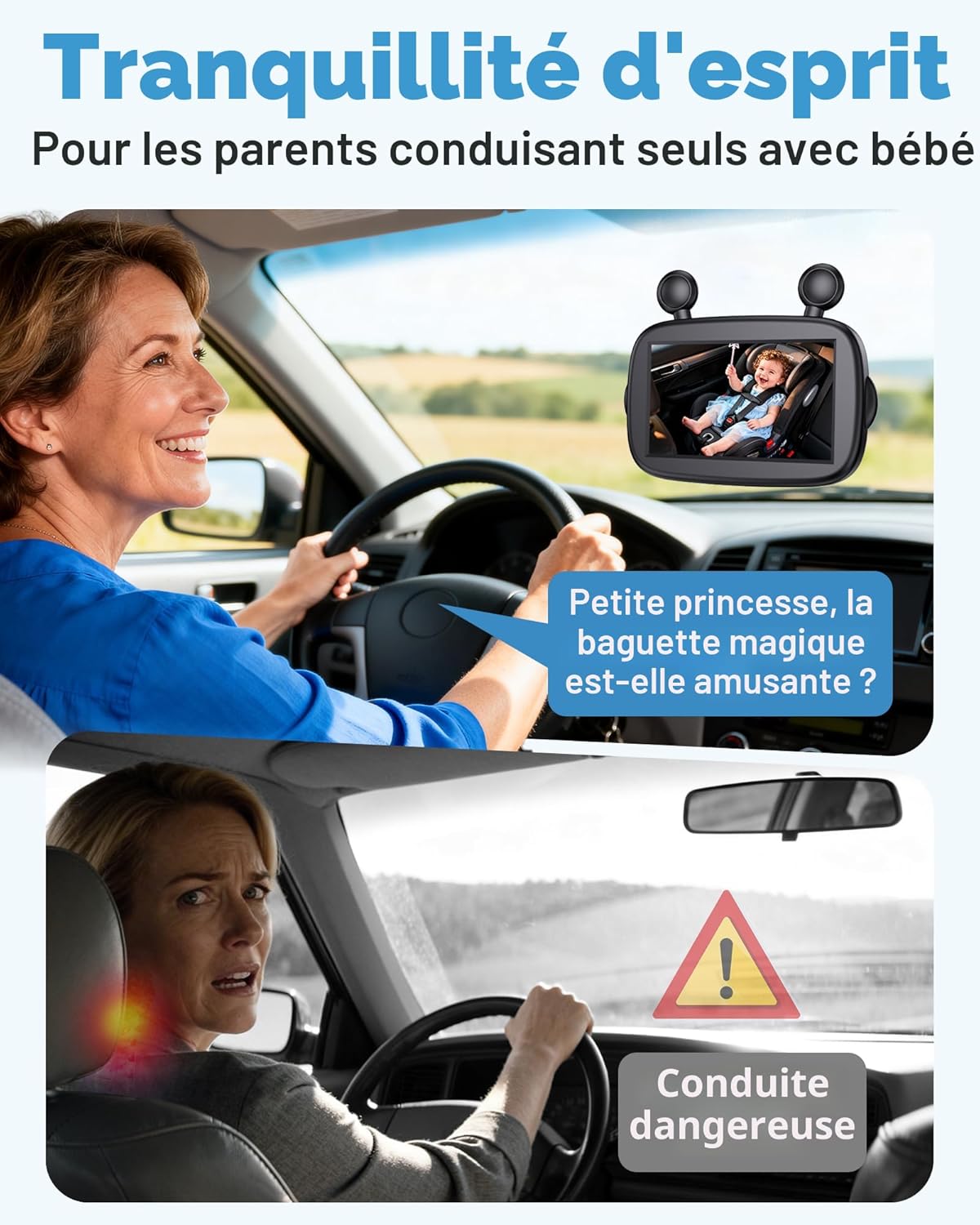 Parent monitoring baby safely while driving with baby car camera