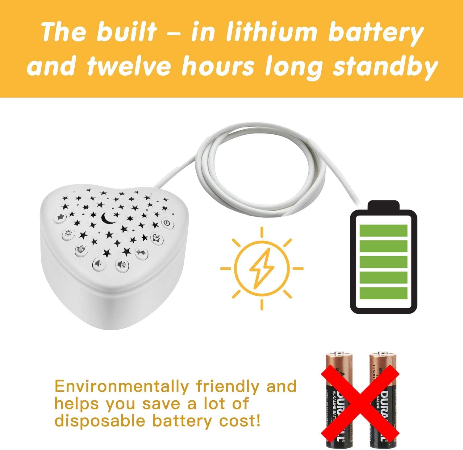 Rechargeable sound machine with built-in lithium battery for 12-hour standby