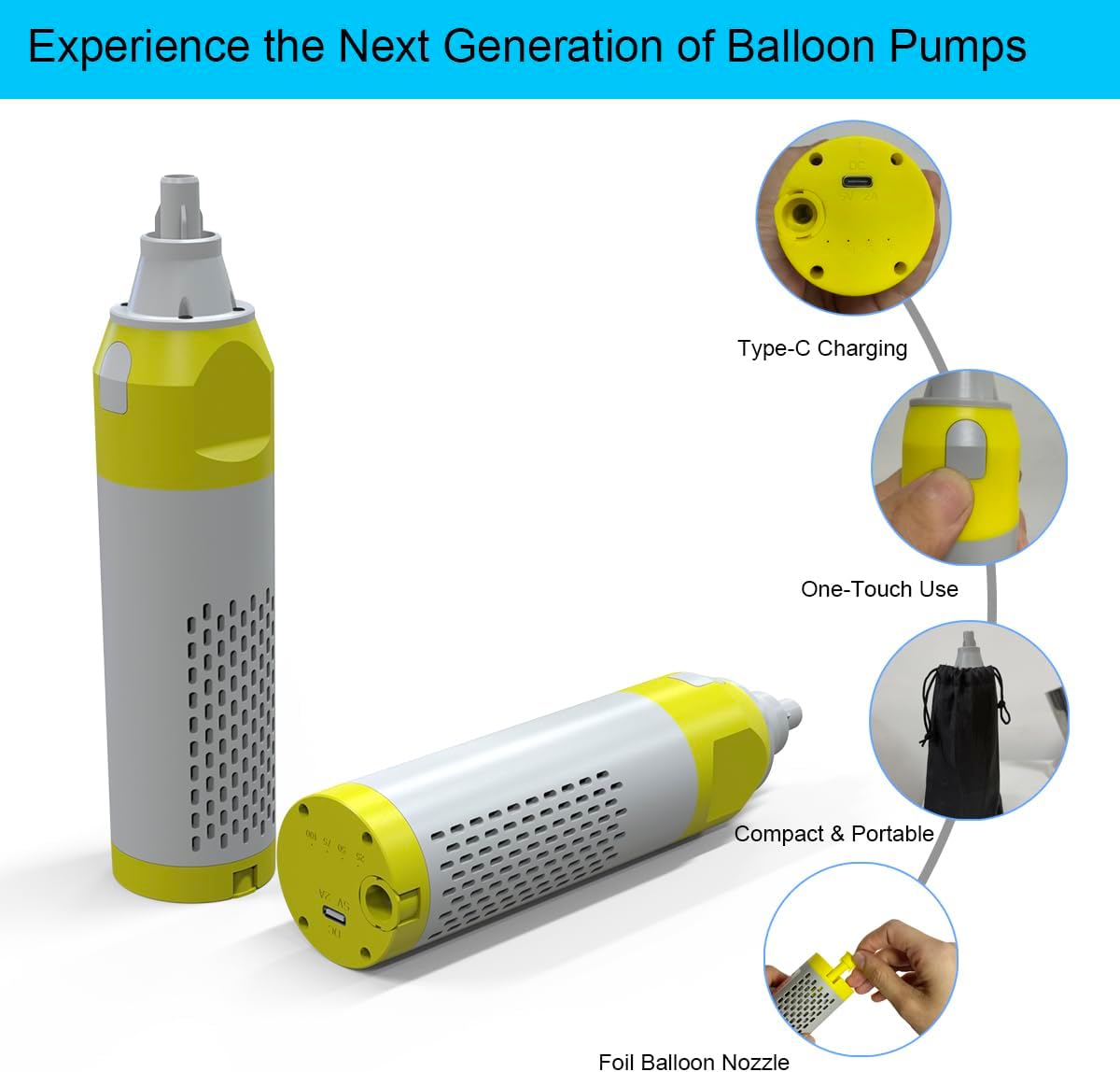 Rechargeable balloon inflator with USB-C charging and one-touch control