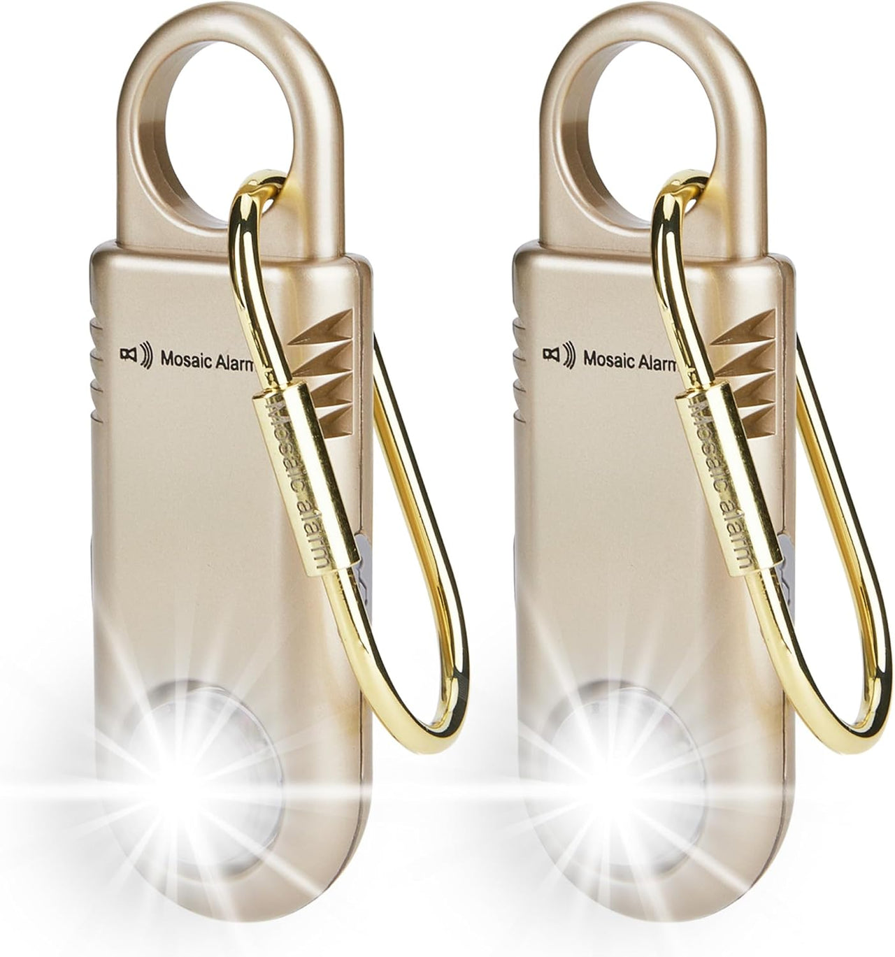 Two gold rechargeable personal alarm keychains with carabiner and strobe light