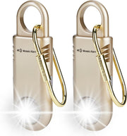 Two gold rechargeable personal alarm keychains with carabiner and strobe light