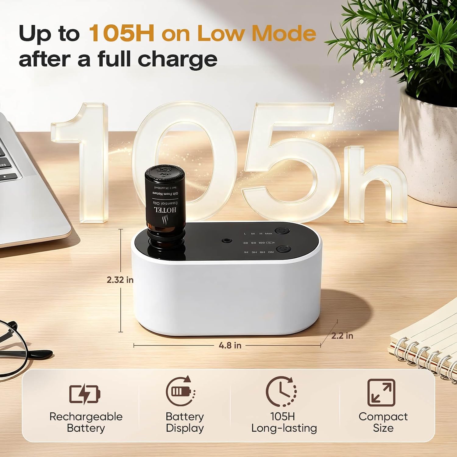 Rechargeable waterless essential oil diffuser with up to 105 hours of operating time