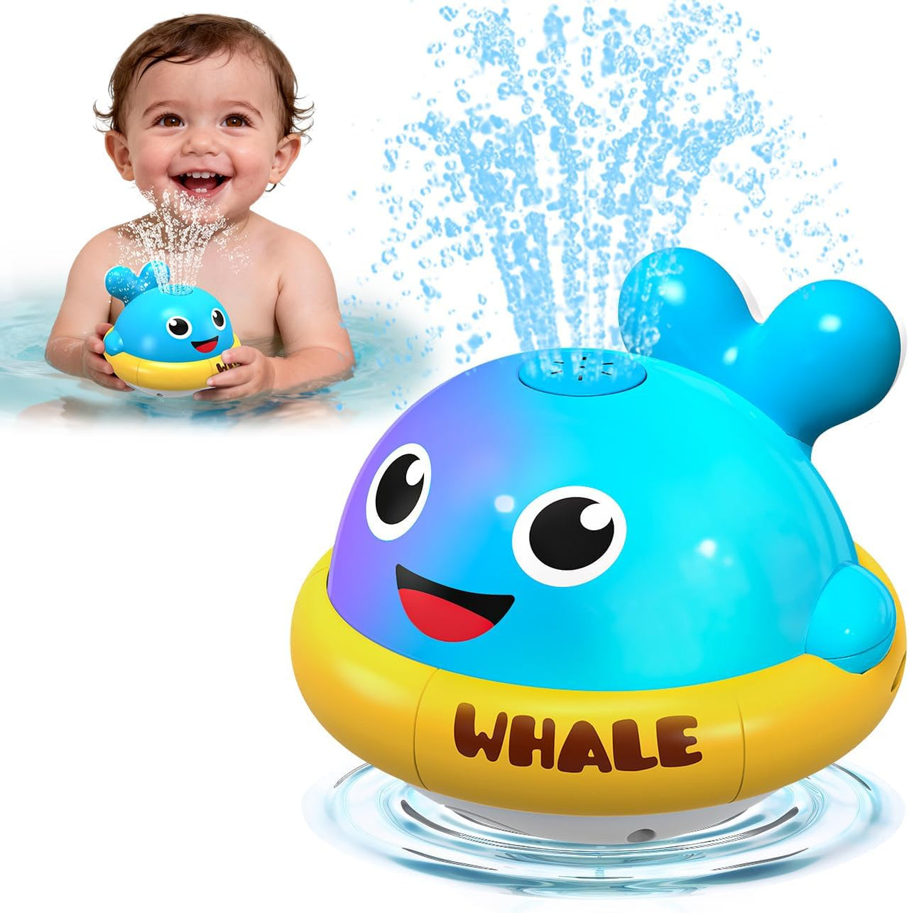 Baby playing with rechargeable whale sprinkler bath toy with water spray