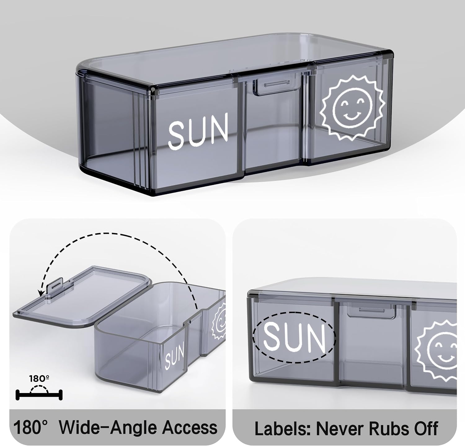 Removable daily pill box with wide opening lid