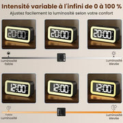 Digital RGB alarm clock showing adjustable display and night light brightness levels