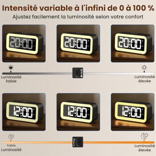 Digital RGB alarm clock showing adjustable display and night light brightness levels