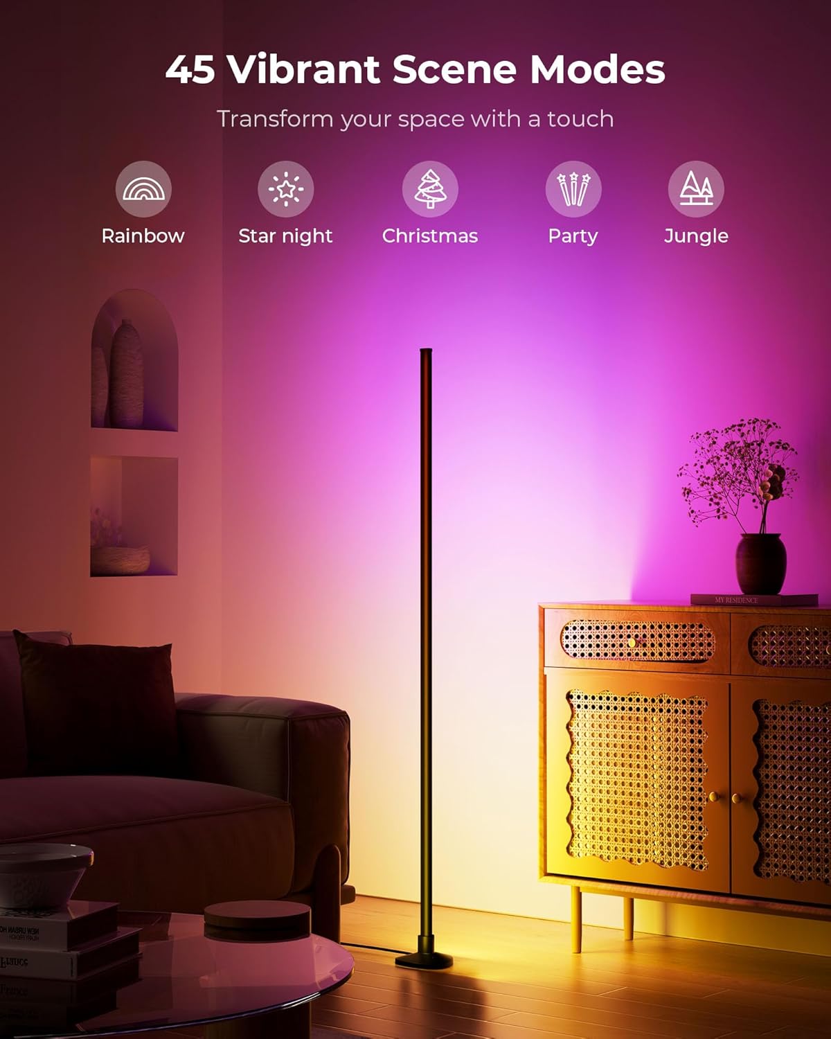 RGB corner lamp displaying 45 vibrant color modes for home decor.