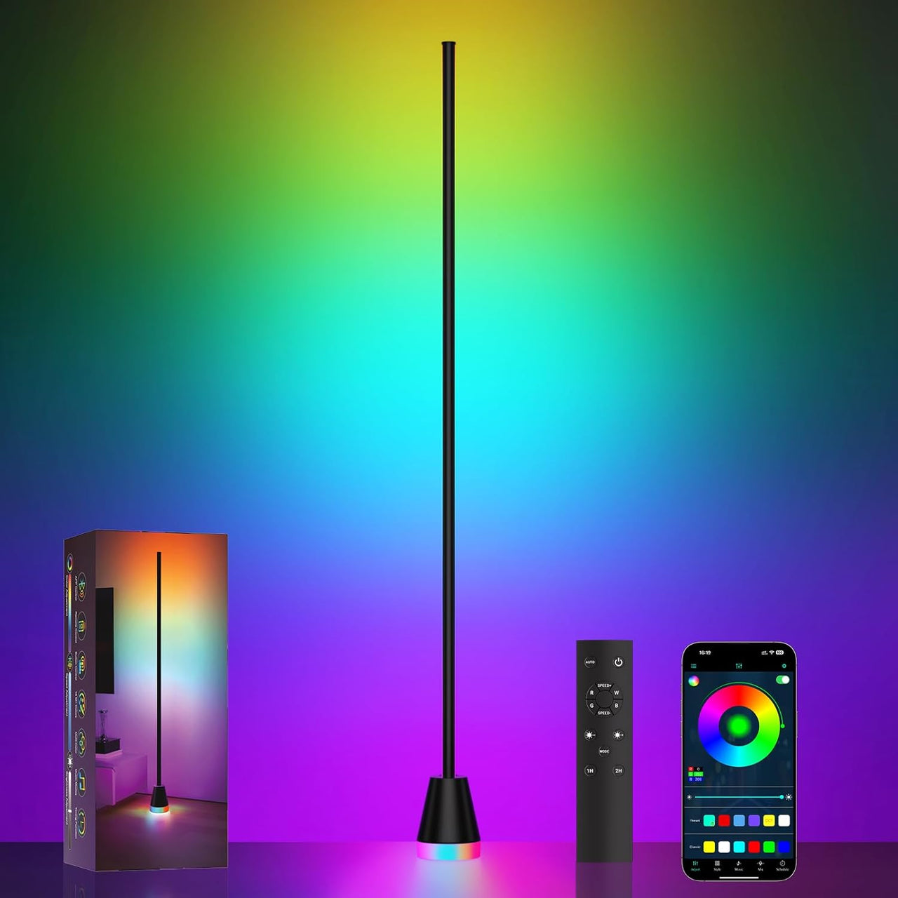 RGB corner lamp with remote and app control, showing colorful lighting effects.