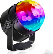 Close-up of RGB disco ball LED light with vibrant color projection