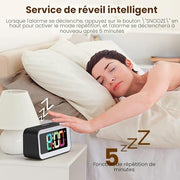RGB dual alarm clock on a bedside table with smart snooze function and 5-minute repeat alarm